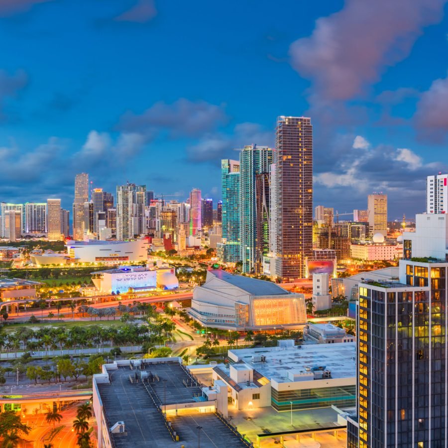 Miami, Florida, USA aerial skyline at dusk.